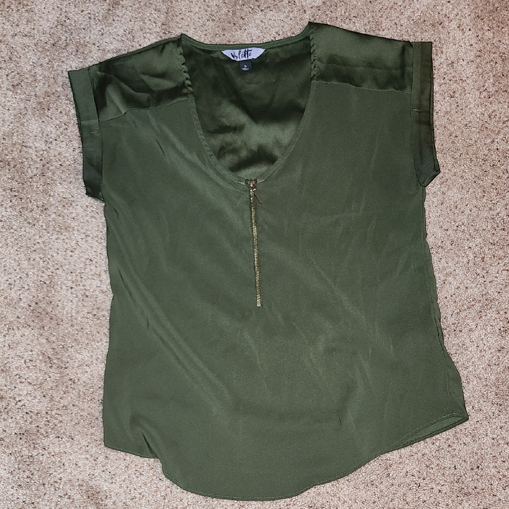 Vylette Women's Size S. Dark Green Cap Sleeve Blouse with Cuffed Sleeves